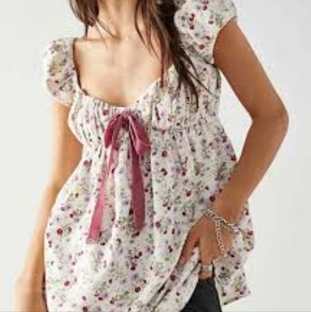 Free People Gaia Floral Corduroy Puff Cup Sleeve Velvet Bow Top Size M
